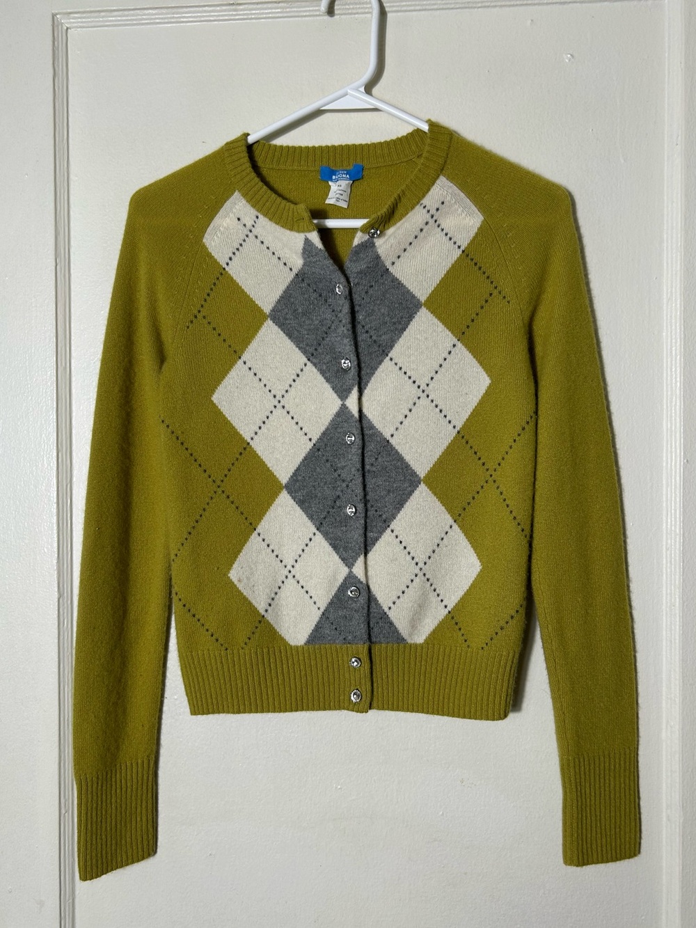 J. Crew buona 100% cashmere green argyle cardigan womens XS preppy academia